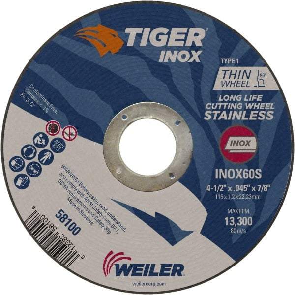 Weiler - 4-1/2" 60 Grit Aluminum Oxide Cutoff Wheel - 0.045" Thick, 7/8" Arbor, 13,300 Max RPM, Use with Angle Grinders - Industrial Tool & Supply