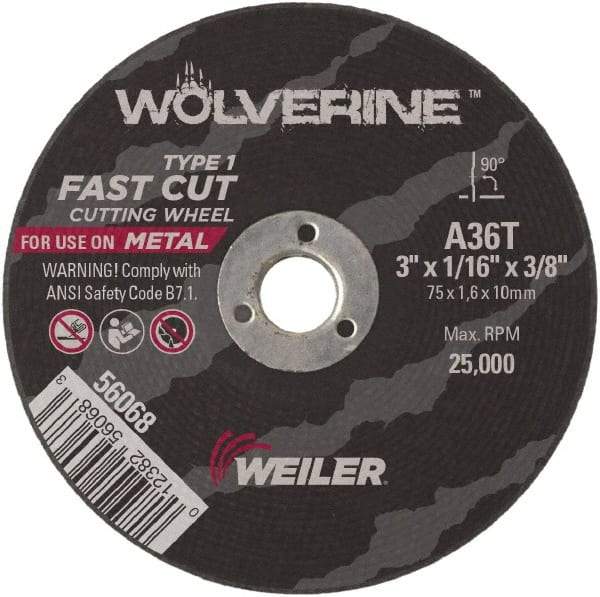 Weiler - 4" 36 Grit Aluminum Oxide Cutoff Wheel - 1/16" Thick, 3/8" Arbor, 15,200 Max RPM, Use with Die Grinders - Industrial Tool & Supply