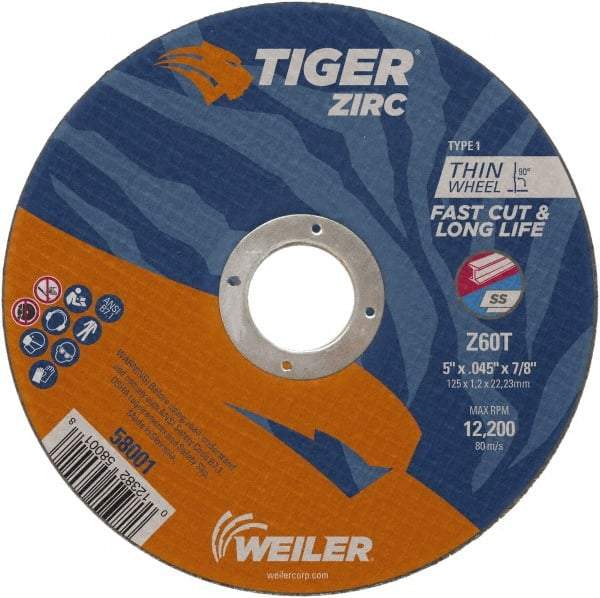 Weiler - 5" 60 Grit Zirconia Alumina Cutoff Wheel - 0.045" Thick, 7/8" Arbor, 12,200 Max RPM, Use with Angle Grinders - Industrial Tool & Supply