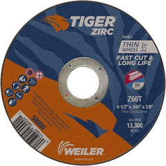 Weiler - 4-1/2" 60 Grit Zirconia Alumina Cutoff Wheel - 0.045" Thick, 7/8" Arbor, 13,300 Max RPM, Use with Angle Grinders - Industrial Tool & Supply