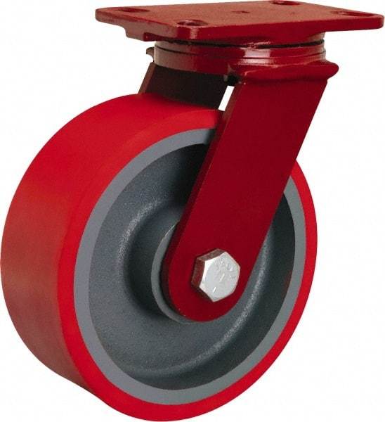 Hamilton - 8" Diam x 3" Wide x 10-1/8" OAH Top Plate Mount Swivel Caster - Polyurethane Mold onto Cast Iron Center, 2,200 Lb Capacity, Sealed Precision Ball Bearing, 4-1/2 x 6-1/2" Plate - Industrial Tool & Supply