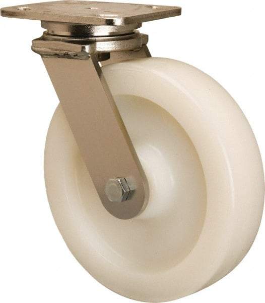 Hamilton - 8" Diam x 2" Wide x 9-1/2" OAH Top Plate Mount Swivel Caster - Nylon, 900 Lb Capacity, Stainless Steel Double Shielded Precision Ball Bearing, 4 x 5" Plate - Industrial Tool & Supply