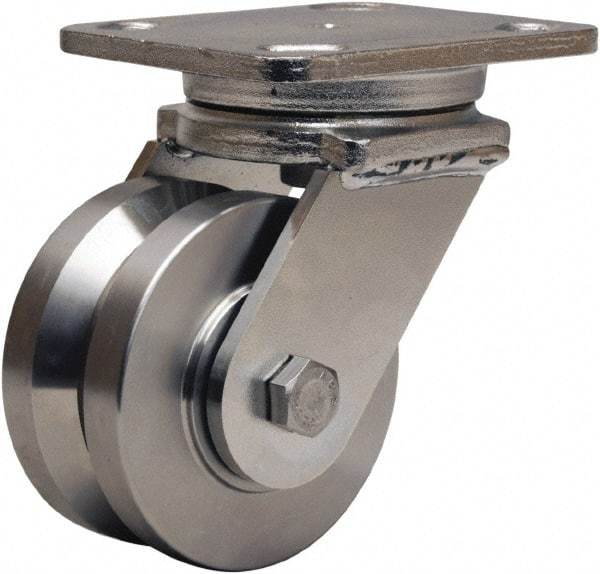 Hamilton - 4" Diam x 2" Wide, Stainless Steel Swivel Caster - 850 Lb Capacity, Top Plate Mount, 4" x 5" Plate, Delrin Bearing - Industrial Tool & Supply