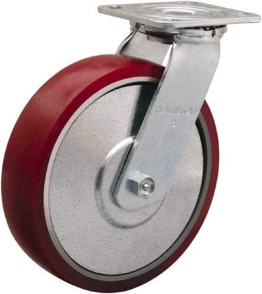 Hamilton - 8" Diam x 2" Wide x 9-1/2" OAH Top Plate Mount Swivel Caster - Polyurethane on Aluminum, 900 Lb Capacity, Straight Roller Bearing, 4 x 4-1/2" Plate - Industrial Tool & Supply