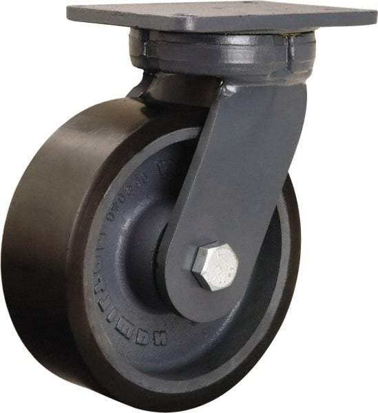 Hamilton - 8" Diam x 3" Wide x 10-1/2" OAH Top Plate Mount Swivel Caster - Polyurethane Mold onto Cast Iron Center, 3,250 Lb Capacity, Tapered Roller Bearing, 5-1/4 x 7-1/4" Plate - Industrial Tool & Supply