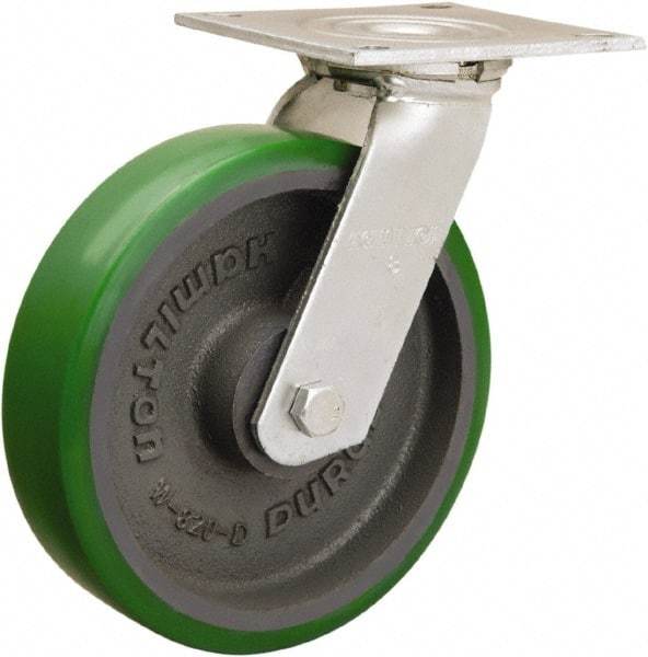 Hamilton - 8" Diam x 2" Wide x 9-1/2" OAH Top Plate Mount Swivel Caster - Polyurethane Mold onto Cast Iron Center, 900 Lb Capacity, Sealed Precision Ball Bearing, 5 x 5-1/2" Plate - Industrial Tool & Supply