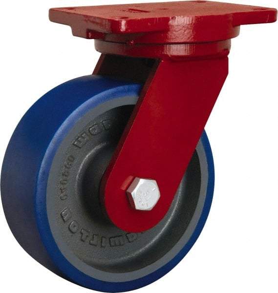 Hamilton - 8" Diam x 3" Wide x 10-1/2" OAH Top Plate Mount Swivel Caster - Polyurethane Mold onto Cast Iron Center, 2,000 Lb Capacity, Precision Tapered Roller Bearing, 6-1/8 x 7-1/2" Plate - Industrial Tool & Supply