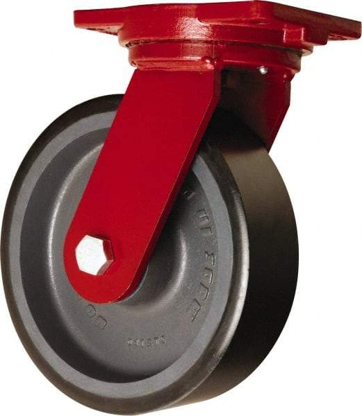 Hamilton - 10" Diam x 3" Wide x 12-1/2" OAH Top Plate Mount Swivel Caster - Polyurethane Mold onto Cast Iron Center, 3,900 Lb Capacity, Tapered Roller Bearing, 6-1/8 x 7-1/2" Plate - Industrial Tool & Supply