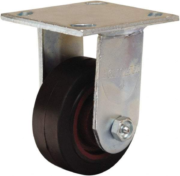 Hamilton - 4" Diam x 1-1/2" Wide x 5-5/8" OAH Top Plate Mount Rigid Caster - Rubber Mold on Cast Iron, 200 Lb Capacity, Straight Roller Bearing, 4 x 4-1/2" Plate - Industrial Tool & Supply