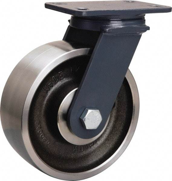 Hamilton - 8" Diam x 3" Wide x 10-1/4" OAH Top Plate Mount Swivel Caster - Forged Steel, 2,400 Lb Capacity, Sealed Precision Ball Bearing, 4-1/2 x 6-1/2" Plate - Industrial Tool & Supply