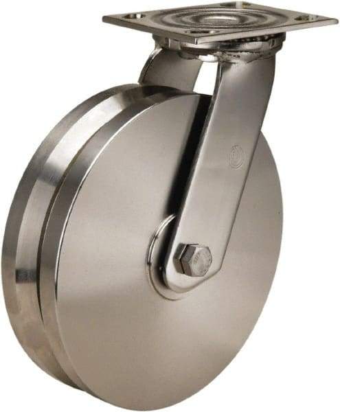 Hamilton - 8" Diam x 2" Wide, Stainless Steel Swivel Caster - 800 Lb Capacity, Top Plate Mount, 3-3/4" x 4-1/2" Plate, Delrin Bearing - Industrial Tool & Supply