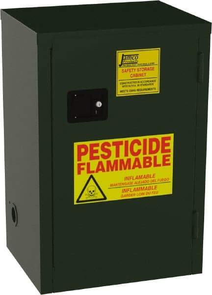 Jamco - 1 Door, 1 Shelf, Green Steel Double Wall Safety Cabinet for Flammable and Combustible Liquids - 35" High x 18" Wide x 23" Deep, Self Closing Door, 3 Point Key Lock, 12 Gal Capacity - Industrial Tool & Supply