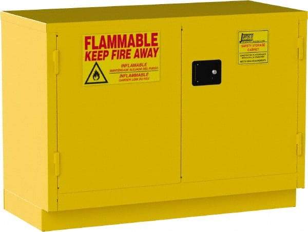 Jamco - 2 Door, 1 Shelf, Yellow Steel Double Wall Safety Cabinet for Flammable and Combustible Liquids - 35" High x 22" Wide x 48" Deep, Manual Closing Door, 3 Point Key Lock, 30 Gal Capacity - Industrial Tool & Supply