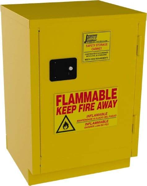 Jamco - 1 Door, 1 Shelf, Yellow Steel Double Wall Safety Cabinet for Flammable and Combustible Liquids - 35" High x 22" Wide x 24" Deep, Manual Closing Door, 3 Point Key Lock, 12 Gal Capacity - Industrial Tool & Supply