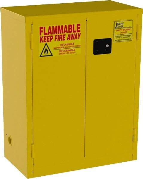 Jamco - 2 Door, 2 Shelf, Yellow Steel Double Wall Safety Cabinet for Flammable and Combustible Liquids - 44" High x 18" Wide x 34" Deep, Self Closing Door, 3 Point Key Lock, 28 Gal Capacity - Industrial Tool & Supply