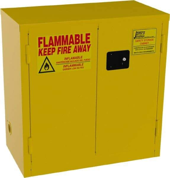 Jamco - 2 Door, 1 Shelf, Yellow Steel Double Wall Safety Cabinet for Flammable and Combustible Liquids - 35" High x 18" Wide x 34" Deep, Self Closing Door, 3 Point Key Lock, 22 Gal Capacity - Industrial Tool & Supply
