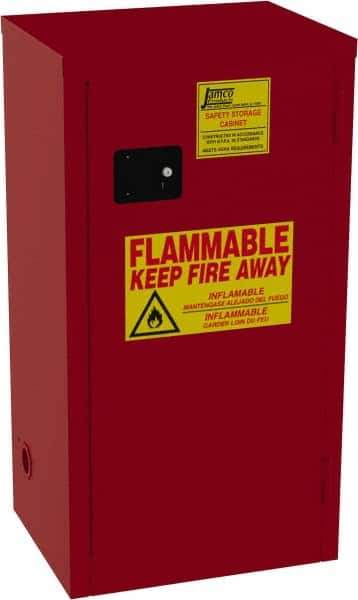 Jamco - 1 Door, 3 Shelf, Red Steel Double Wall Safety Cabinet for Flammable and Combustible Liquids - 44" High x 18" Wide x 23" Deep, Manual Closing Door, 3 Point Key Lock, 24 Gal Capacity - Industrial Tool & Supply