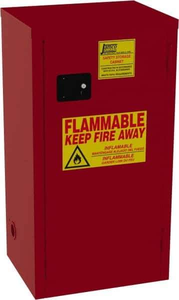Jamco - 1 Door, 3 Shelf, Red Steel Double Wall Safety Cabinet for Flammable and Combustible Liquids - 35" High x 18" Wide x 23" Deep, Self Closing Door, 3 Point Key Lock, 24 Gal Capacity - Industrial Tool & Supply