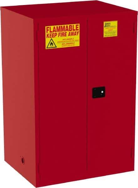 Jamco - 2 Door, 5 Shelf, Red Steel Double Wall Safety Cabinet for Flammable and Combustible Liquids - 65" High x 34" Wide x 43" Deep, Self Closing Door, 3 Point Key Lock, 120 Gal Capacity - Industrial Tool & Supply