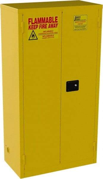 Jamco - 2 Door, 3 Shelf, Yellow Steel Double Wall Safety Cabinet for Flammable and Combustible Liquids - 65" High x 18" Wide x 34" Deep, Manual Closing Door, 3 Point Key Lock, 44 Gal Capacity - Industrial Tool & Supply