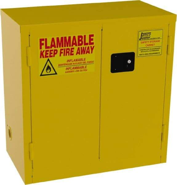 Jamco - 2 Door, 1 Shelf, Yellow Steel Double Wall Safety Cabinet for Flammable and Combustible Liquids - 35" High x 34" Wide x 18" Deep, Manual Closing Door, 3 Point Key Lock, 22 Gal Capacity - Industrial Tool & Supply