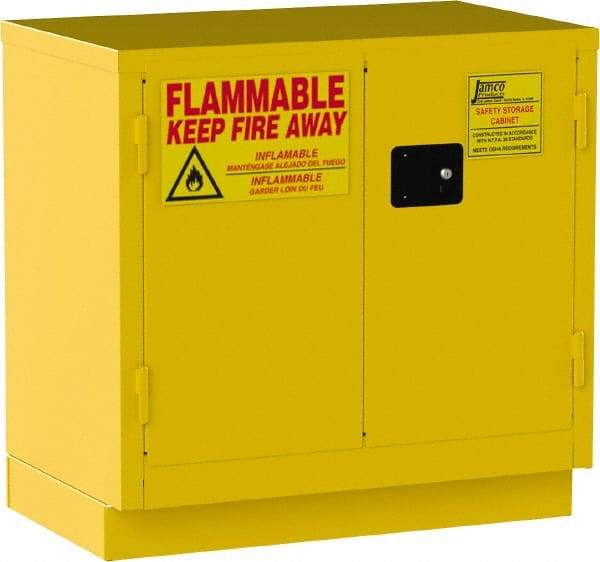 Jamco - 2 Door, 1 Shelf, Yellow Steel Double Wall Safety Cabinet for Flammable and Combustible Liquids - 35" High x 22" Wide x 36" Deep, Self Closing Door, 3 Point Key Lock, 22 Gal Capacity - Industrial Tool & Supply