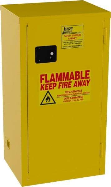 Jamco - 1 Door, 2 Shelf, Yellow Steel Double Wall Safety Cabinet for Flammable and Combustible Liquids - 44" High x 23" Wide x 18" Deep, Self Closing Door, 3 Point Key Lock, 18 Gal Capacity - Industrial Tool & Supply