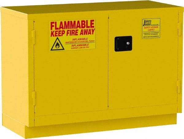 Jamco - 2 Door, 1 Shelf, Yellow Steel Double Wall Safety Cabinet for Flammable and Combustible Liquids - 35" High x 22" Wide x 48" Deep, Self Closing Door, 3 Point Key Lock, 30 Gal Capacity - Industrial Tool & Supply