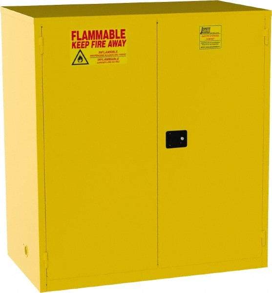 Jamco - 2 Door, 2 Shelf, Yellow Steel Double Wall Safety Cabinet for Flammable and Combustible Liquids - 65" High x 34" Wide x 59" Deep, Manual Closing Door, 3 Point Key Lock, 120 Gal Capacity - Industrial Tool & Supply