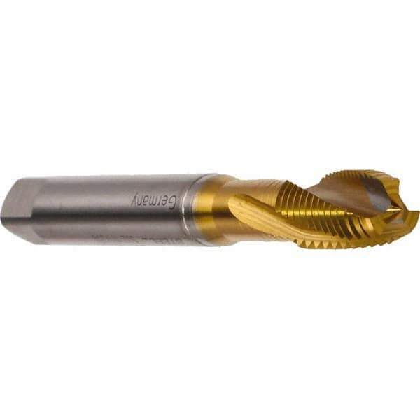 Emuge - M5x0.80 Metric 3 Flute 6H Modified Bottoming Spiral Flute Tap - Cobalt, TiN Finish, 70mm OAL, Right Hand Flute, Right Hand Thread, Series Rekord DF - Exact Industrial Supply