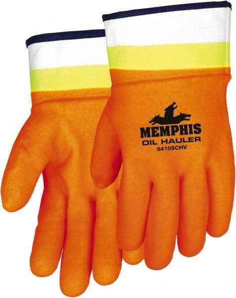 MCR Safety - Size L (9), 10-1/2" Long, 59 mil Thick, Supported, PVC Chemical Resistant Gloves - Rough Finish, Fleece/Jersey Lined, Orange - Industrial Tool & Supply