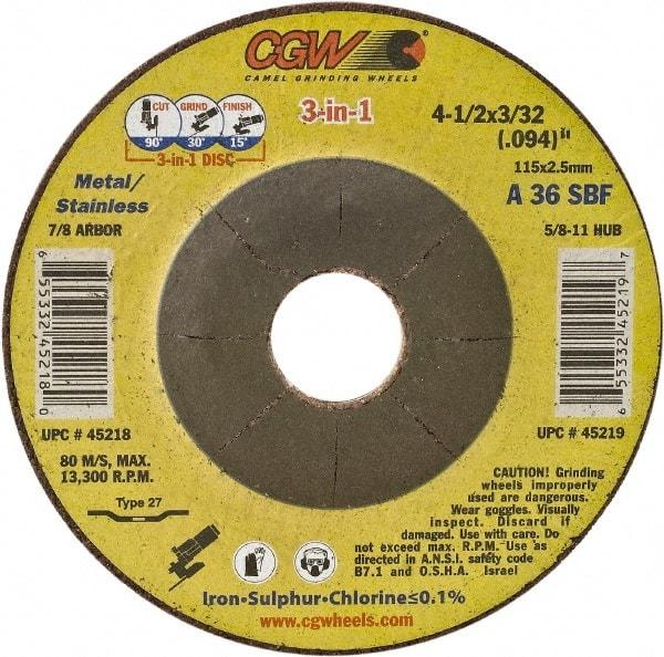 Camel Grinding Wheels - 36 Grit, 6" Wheel Diam, 3/32" Wheel Thickness, Type 27 Depressed Center Wheel - Medium Grade, Aluminum Oxide, Resinoid Bond, 10,200 Max RPM - Industrial Tool & Supply