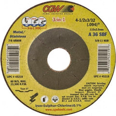 Camel Grinding Wheels - 36 Grit, 7" Wheel Diam, 3/32" Wheel Thickness, 7/8" Arbor Hole, Type 27 Depressed Center Wheel - Medium Grade, Aluminum Oxide, Resinoid Bond, 8,600 Max RPM - Industrial Tool & Supply