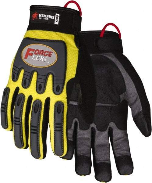 MCR Safety - Size XL Work Gloves - Adjustable Closure Cuff, Yellow Hi-Vis, Gray Leather, Red Logo, Hi-Vis Yellow Fabric, Paired - Industrial Tool & Supply