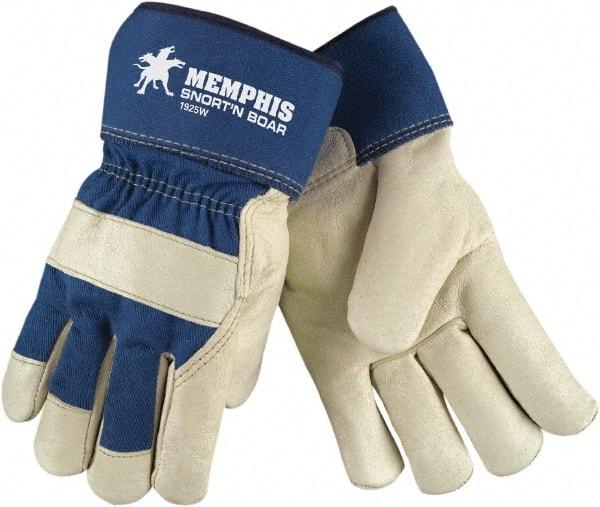 MCR Safety - Size M Pigskin General Protection Work Gloves - For Work & Driver, Uncoated, Safety Cuff, Cream/Blue, Paired - Industrial Tool & Supply