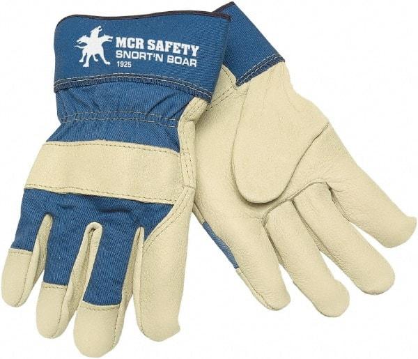 MCR Safety - Size M Pigskin General Protection Work Gloves - For Work & Driver, Uncoated, Safety Cuff, Cream/Blue, Paired - Industrial Tool & Supply