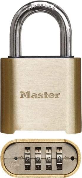 Master Lock - 2" Body Width x 3" Body Height, 1" Shackle Clearance, Brass Finish Combination Lock - 5/16" Shackle Diam, 1" Shackle Width, Set Your Own 4 Digit Combination - Industrial Tool & Supply