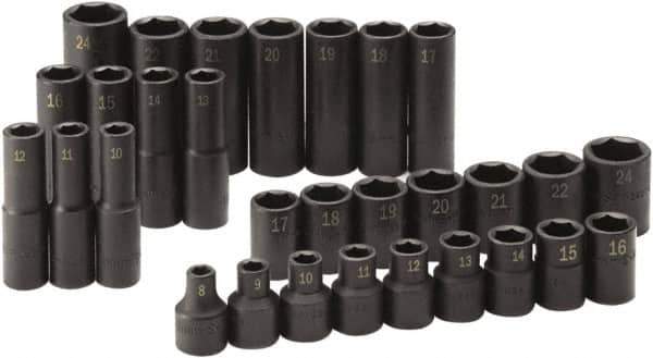 SK - 30 Piece 1/2" Drive Standard Deep Impact Socket Set - 6 Points, 8 to 24mm, Metric Measurement Standard - Industrial Tool & Supply