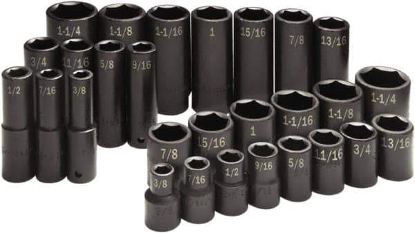 SK - 28 Piece 1/2" Drive Standard Deep Impact Socket Set - 6 Points, 3/8 to 1-1/4", Inch Measurement Standard - Industrial Tool & Supply