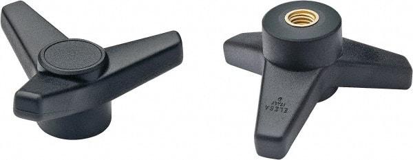Elesa - 4" Head Diam, 3/8-16 Hole, 1-5/8" High, Glass Fibre Reinforced Technopolymer 3 Arm Knob - 1-7/16" Hub Diam, 1.42 Head Height, Female Insert Style, 3/4 Hole Depth, Black - Industrial Tool & Supply
