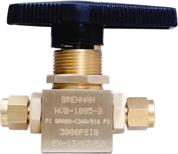 Brennan - 1/4" Pipe, Tube End Connections, Brass, Inline, Two Way Flow, Instrumentation Ball Valve - 3,000 psi WOG Rating, Nylon Handle, PTFE Seal, PFA Seat, Swaglok B-42S4 - Industrial Tool & Supply