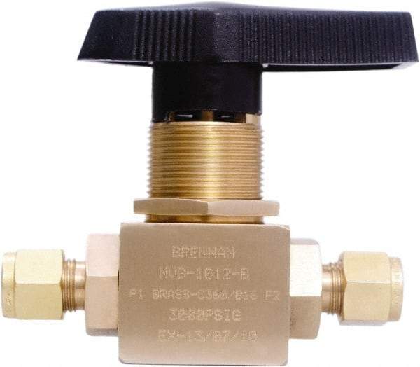 Brennan - 3/8" Pipe, Tube End Connections, Brass, Inline, Two Way Flow, Instrumentation Ball Valve - 3,000 psi WOG Rating, Nylon Handle, PTFE Seal, PFA Seat, Swaglok B-44S6 - Industrial Tool & Supply