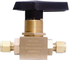 Brennan - 3/8" Pipe, Tube End Connections, Brass, Inline, Two Way Flow, Instrumentation Ball Valve - 3,000 psi WOG Rating, Nylon Handle, PTFE Seal, PFA Seat, Swaglok B-44S6 - Industrial Tool & Supply