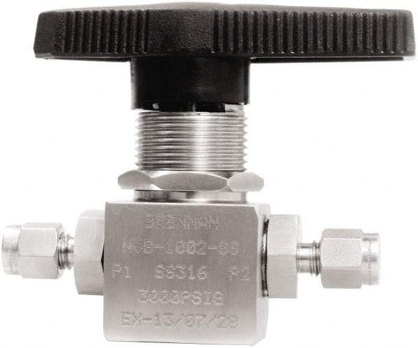 Brennan - 1/8" Pipe, Tube End Connections, Stainless Steel, Inline, Two Way Flow, Instrumentation Ball Valve - 3,000 psi WOG Rating, Nylon Handle, PTFE Seal, PFA Seat, Swaglok SS-41GS2 - Industrial Tool & Supply