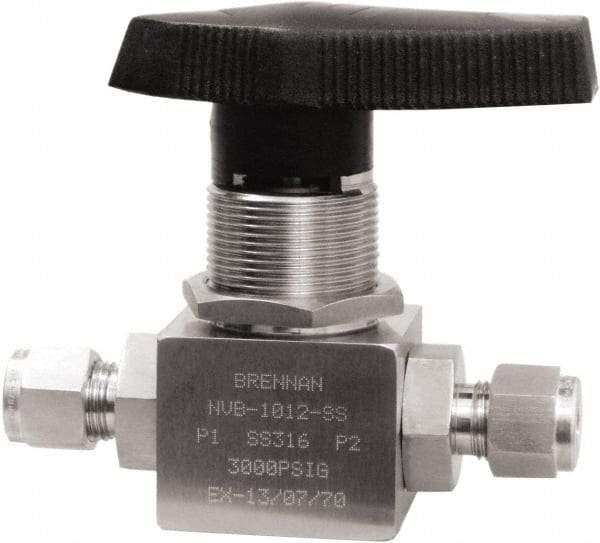 Brennan - 3/8" Pipe, Tube End Connections, Stainless Steel, Inline, Two Way Flow, Instrumentation Ball Valve - 3,000 psi WOG Rating, Nylon Handle, PTFE Seal, PFA Seat, Swaglok SS-44S6 - Industrial Tool & Supply