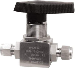 Brennan - 3/8" Pipe, Tube End Connections, Stainless Steel, Inline, Two Way Flow, Instrumentation Ball Valve - 3,000 psi WOG Rating, Nylon Handle, PTFE Seal, PFA Seat, Swaglok SS-44S6 - Industrial Tool & Supply