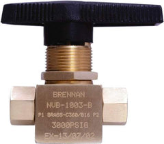Brennan - 1/8" Pipe, NPT End Connections, Brass, Inline, Two Way Flow, Instrumentation Ball Valve - 3,000 psi WOG Rating, Nylon Handle, PTFE Seal, PFA Seat, Swaglok B-42F2 - Industrial Tool & Supply