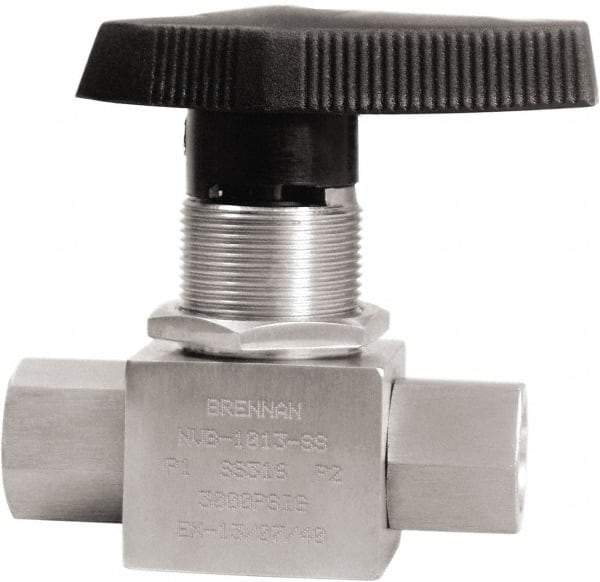 Brennan - 3/8" Pipe, NPT End Connections, Stainless Steel, Inline, Two Way Flow, Instrumentation Ball Valve - 3,000 psi WOG Rating, Nylon Handle, PTFE Seal, PFA Seat, Swaglok SS-44F6 - Industrial Tool & Supply