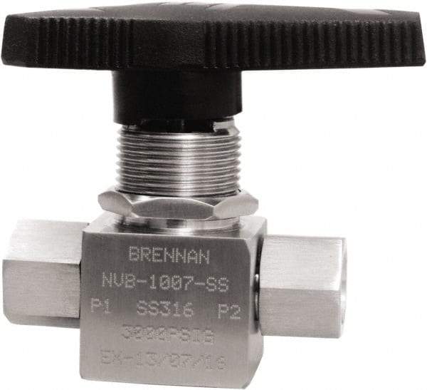 Brennan - 1/4" Pipe, NPT End Connections, Stainless Steel, Inline, Two Way Flow, Instrumentation Ball Valve - 3,000 psi WOG Rating, Nylon Handle, PTFE Seal, PFA Seat, Swaglok SS-43GEF4 - Industrial Tool & Supply