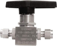 Brennan - 1/4" Pipe, Tube End Connections, Stainless Steel, Inline, Two Way Flow, Instrumentation Ball Valve - 3,000 psi WOG Rating, Nylon Handle, PTFE Seal, PFA Seat, Swaglok SS-42GS4 - Industrial Tool & Supply